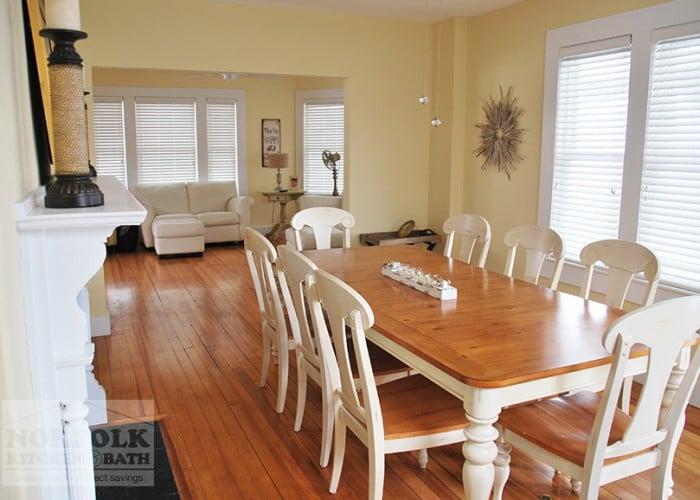 large family kitchen table with country wood top and legs and chairs that are white