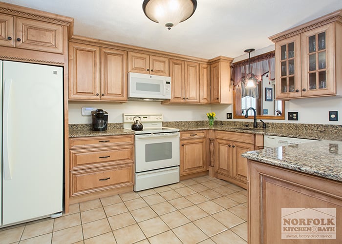 Tewksbury Kitchen Remodel With Maple, Natural Maple Cabinets With White Granite Countertops