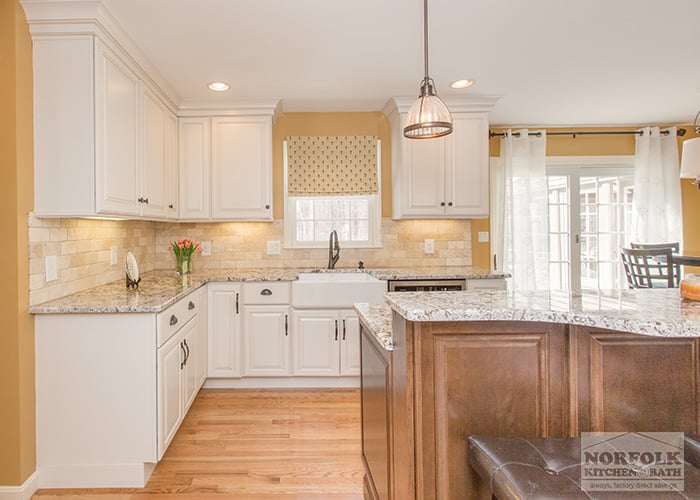 Bedford NH kitchen - white cabinets with maple island