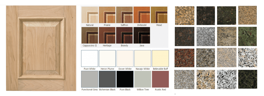 light natural cabinet door and color samples of granite 