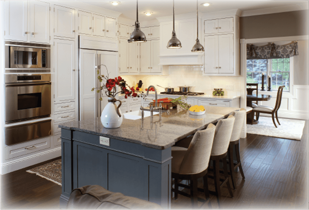 white cabinets in kitchen to the ceiling and blue decorative island with nice chairs