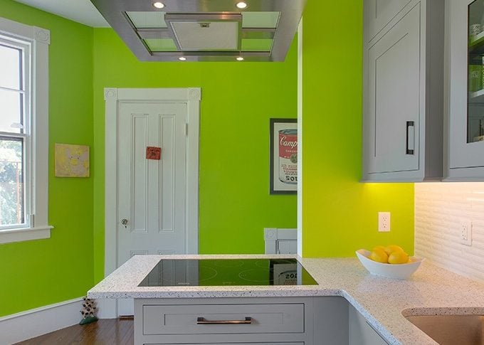 neon green paint in light grey cabinet kitchen