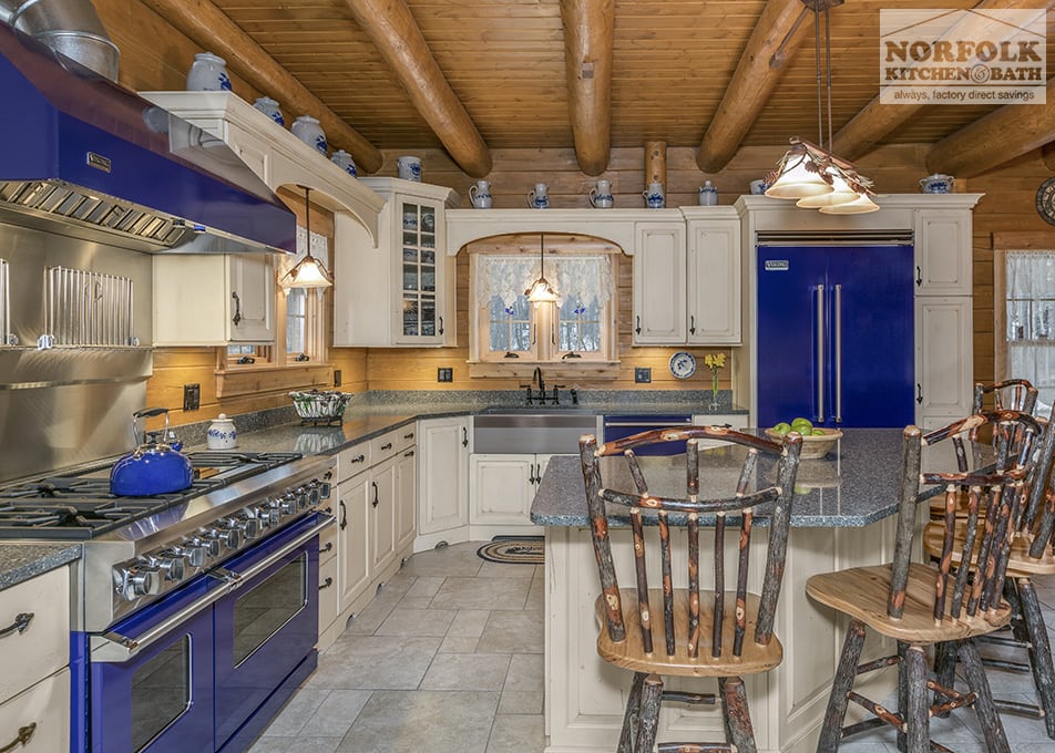 Log Cabin Kitchen With Blue Appliances - Londonderry, NH - Norfolk Kitchen  & Bath