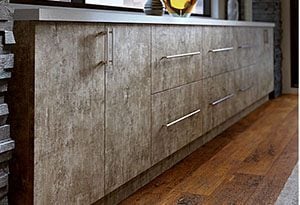 Modern Base Cabinets with mottled laminate brown color slab door