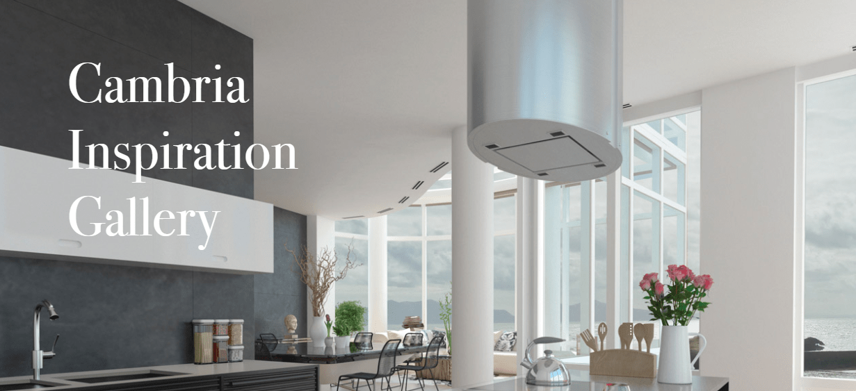 a large, open kitchen with a text overlay that reads "Cambria Inspiration Gallery"