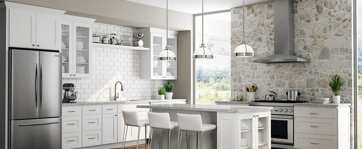 White kitchen cabinets with a matching island, pendant lighting and 3 stools - JSI Dover Cabinets