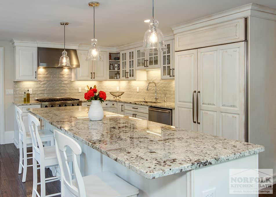 glazed/distressed white kitchen cabinets