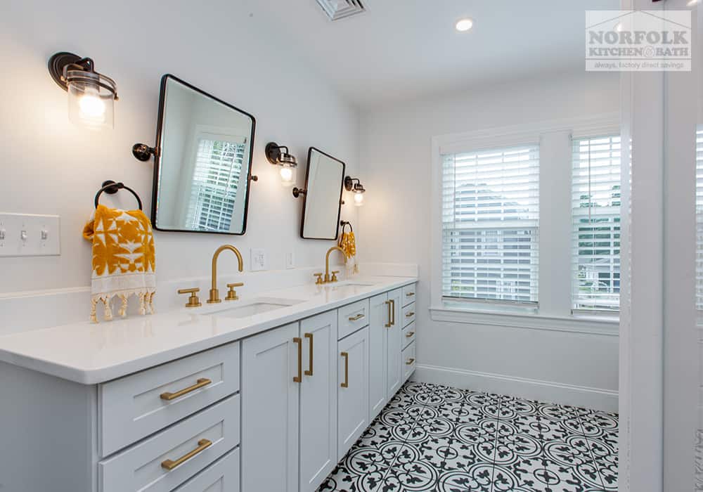 grey vanity with white quartz top in customer home