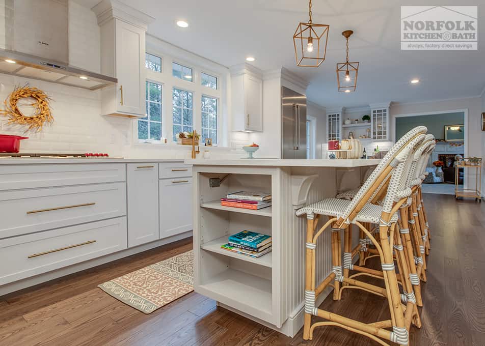 white kitchen with island and gold pendant lights 