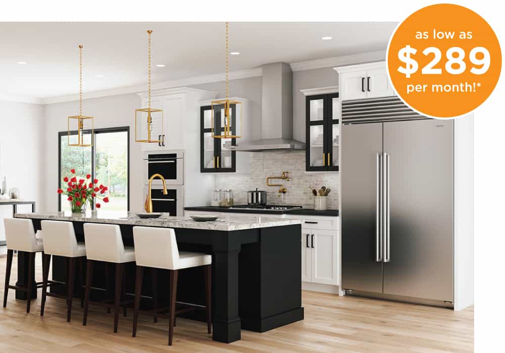 A custom white and black kitchen with an island and quartz countertops - only $18,999 or as low as $289 per month
