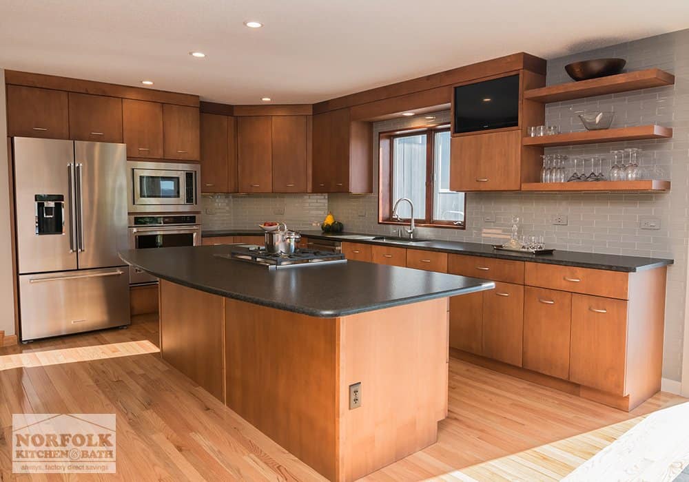 light cherry kitchen with island and open shelves