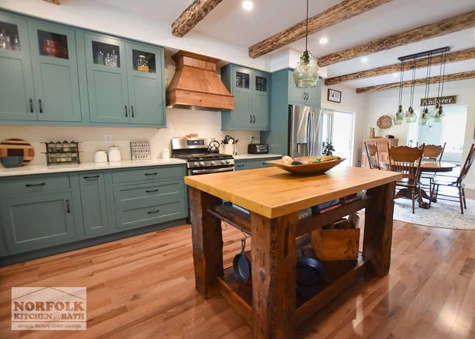 Teal Farmhouse Kitchen With Wood Accents - Bradford, NH - Norfolk