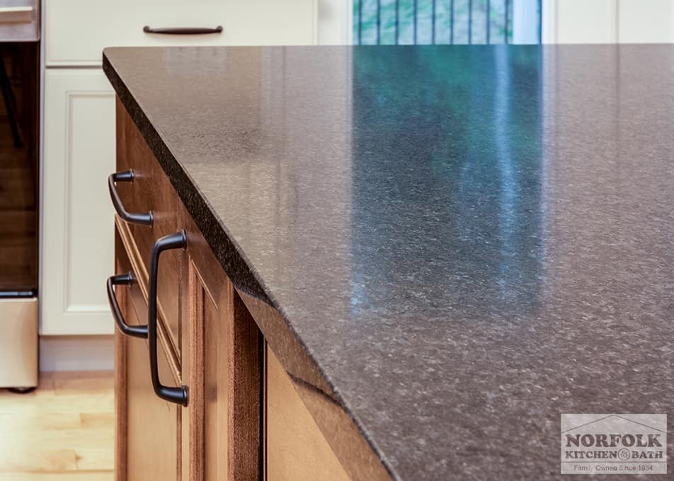close up of dark stone countertops in a Hudson kitchen remodel