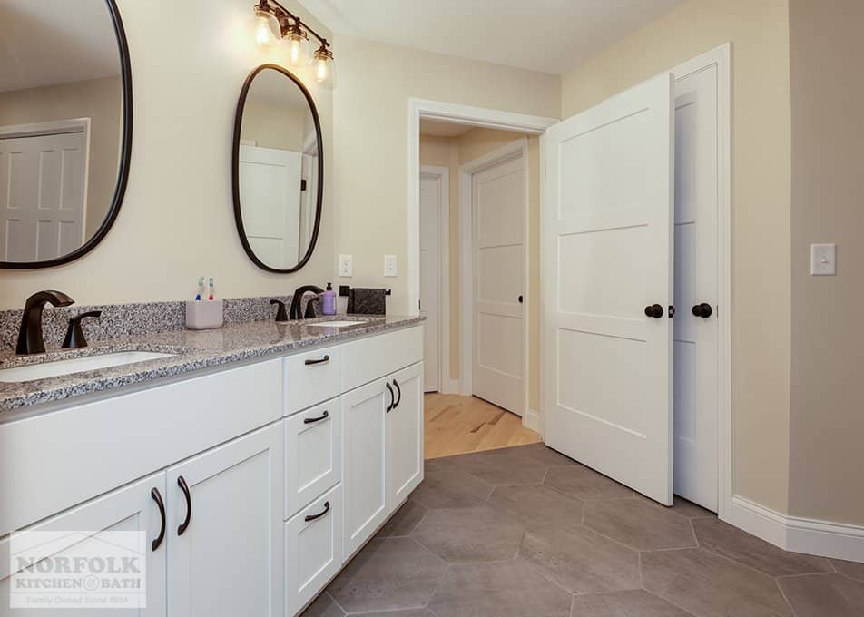 Hudson bath remodel with double white vanity