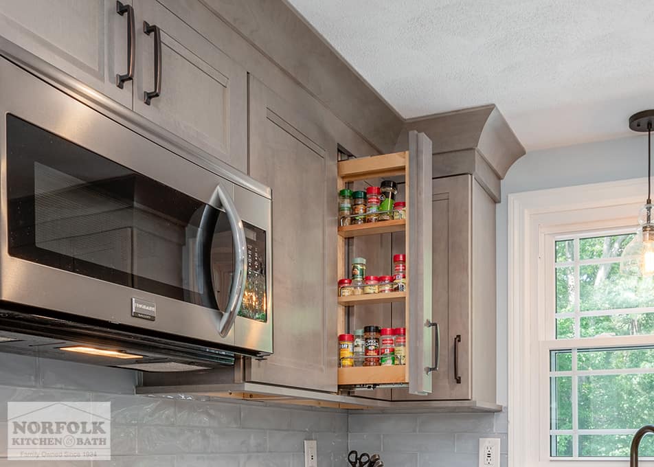 a pull out wall spice cabinet in a Wilmington kitchen remodel