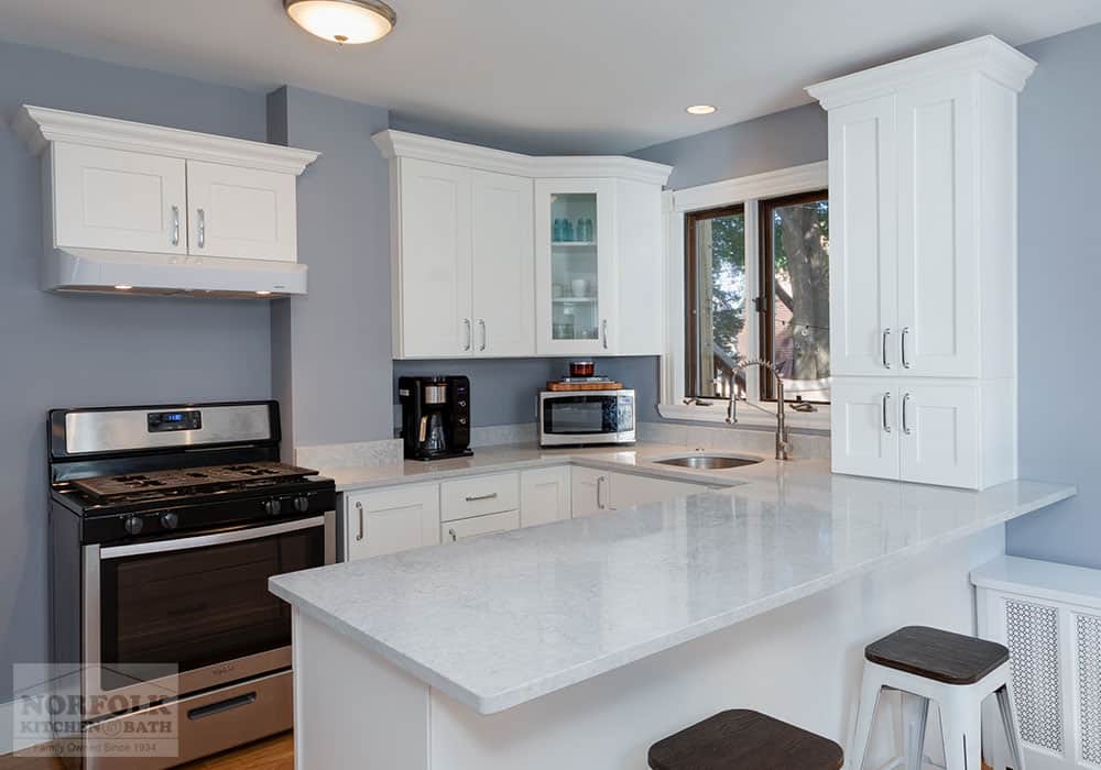 affordable white shaker kitchen remodel with quartz countertops in Roslindale, MA