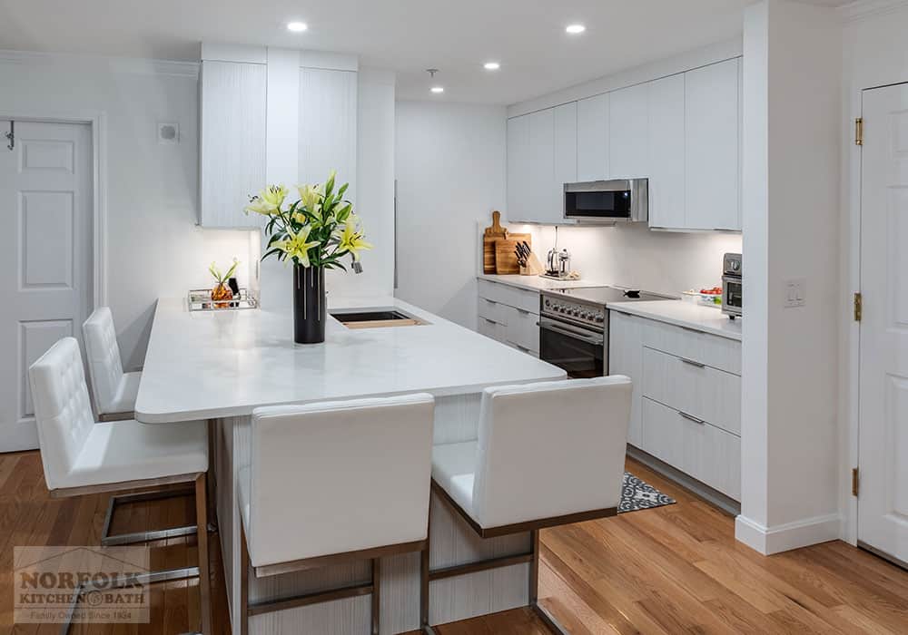 contemporary white kitchen remodel with quartz countertops in Manchester, NH