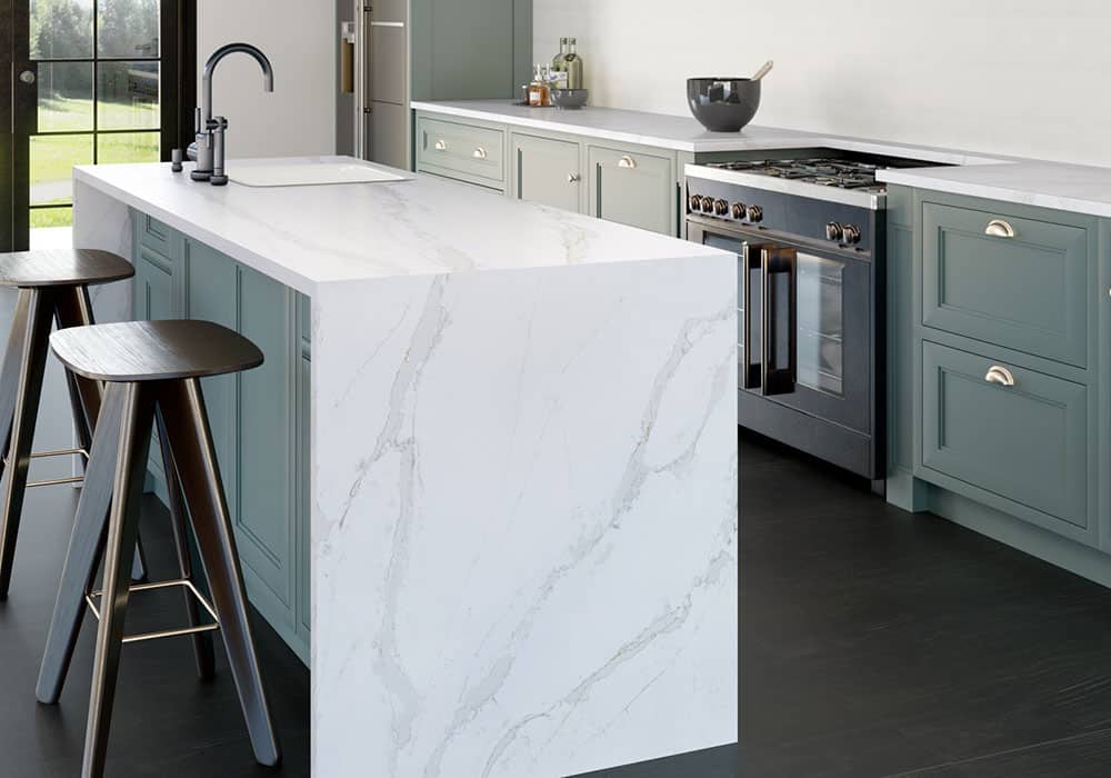 Silestone Calacatta Gold quartz countertops with a waterfall edge on the kitchen island