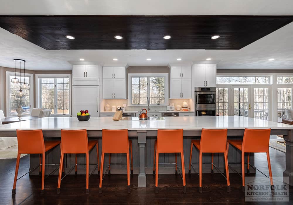 white and gray kitchen remodel with a large island in Boxford, MA