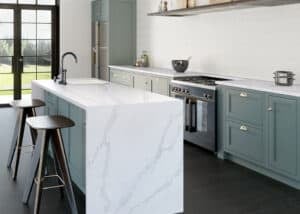 silestone quartz countertops on light green kitchen cabinets