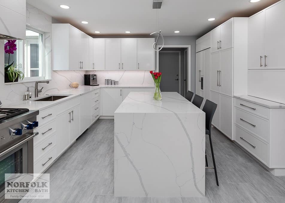 contemporary kitchen with white cabinets and quartz countertops