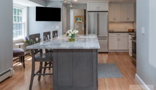 White Kitchen With Grey Stain Island - Acton, MA