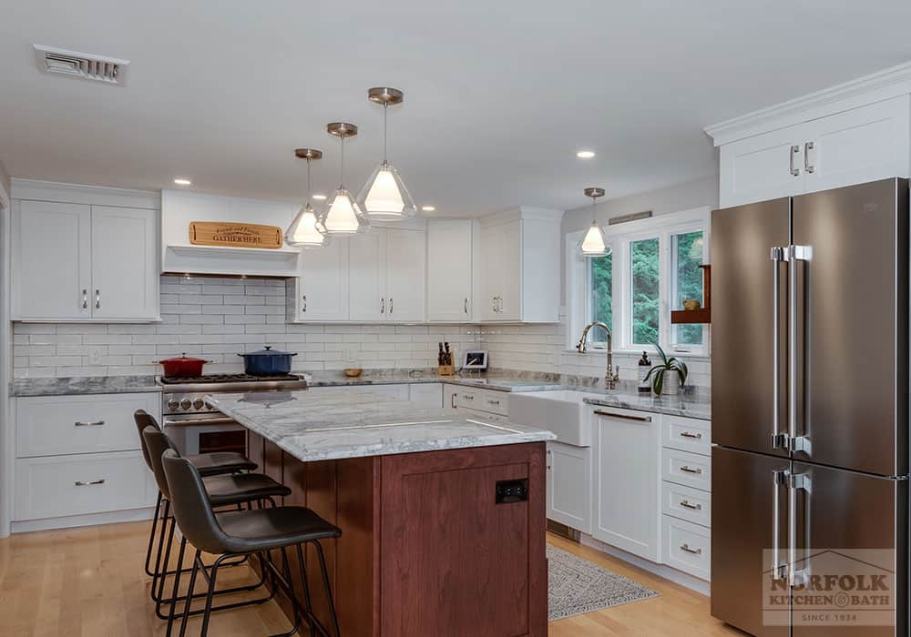 craftsman style kitchen remodel with white cabinets and a cherry wood island