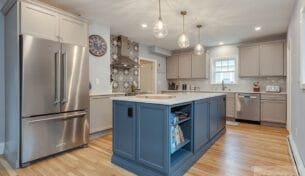 Greige Kitchen With Blue Island - Walpole, MA