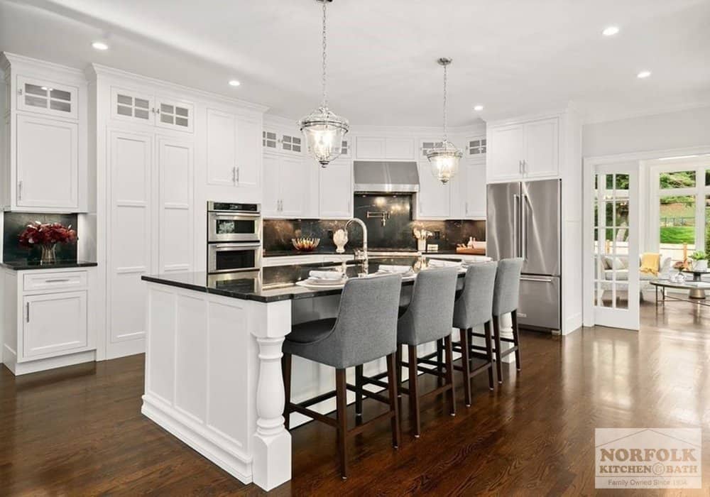 custom white kitchen remodel with island in sudbury ma