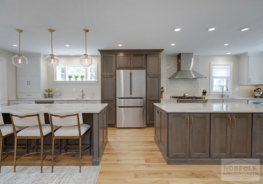 white and cherry kitchen remodel with two islands in Milton, MA