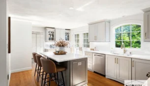 Two-Tone Grey Kitchen With Full-Height Quartz Backsplash In Wilmington, MA